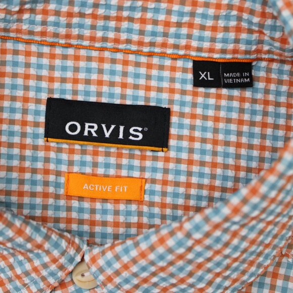 Orvis Seersucker Shirt Mens XL Orange/Blue Active Fit Poly/Nylon S/S Button Down - Picture 7 of 15